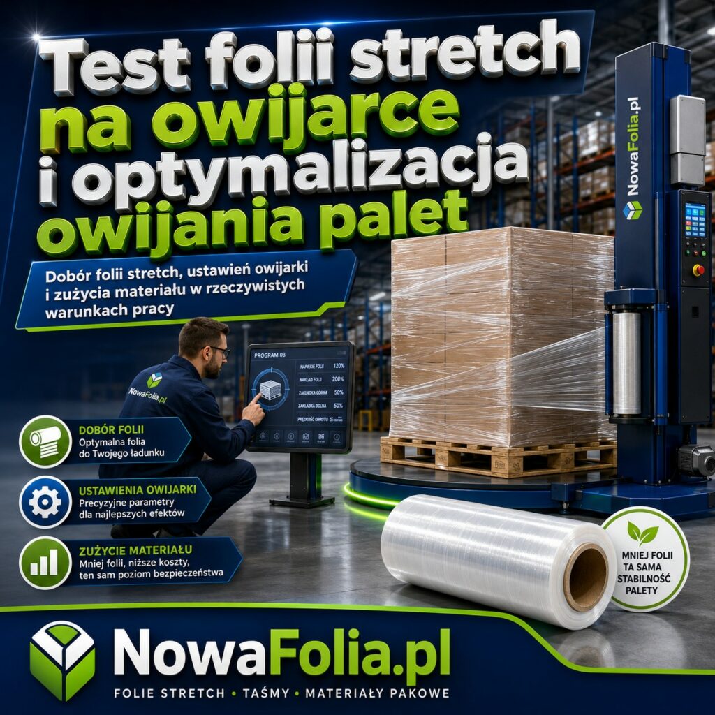 Test folii stretch bezpośrednio na owijarce klienta. Porównanie folii, dobór ustawień maszyny, analiza zużycia i kosztu owinięcia palety.